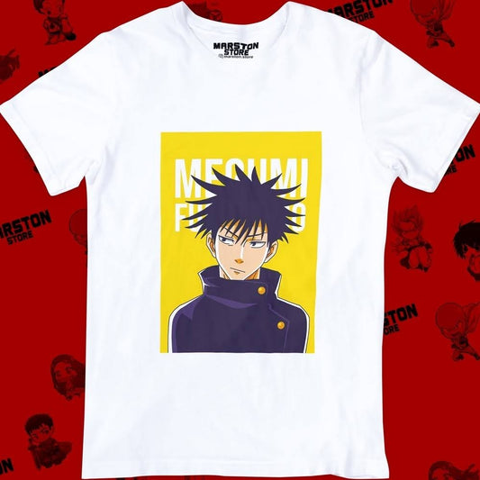Polera blanca Jujutsu Kaisen con diseño de Megumi Fushiguro