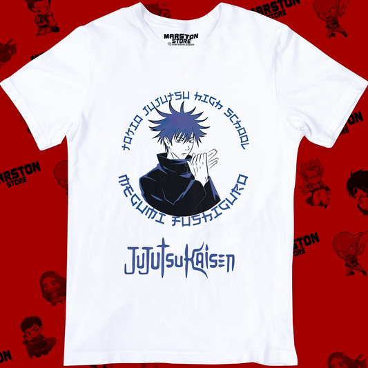 Polera blanca Jujutsu Kaisen con diseño de Megumi Fushiguro
