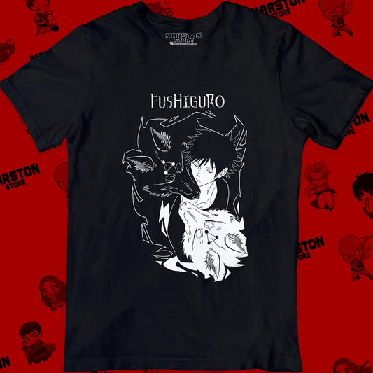 Polera negra Jujutsu Kaisen con diseño de Megumi Fushiguro