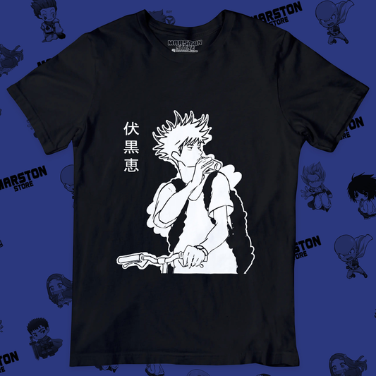 Polera negra Jujutsu Kaisen con diseño de Megumi Fushiguro