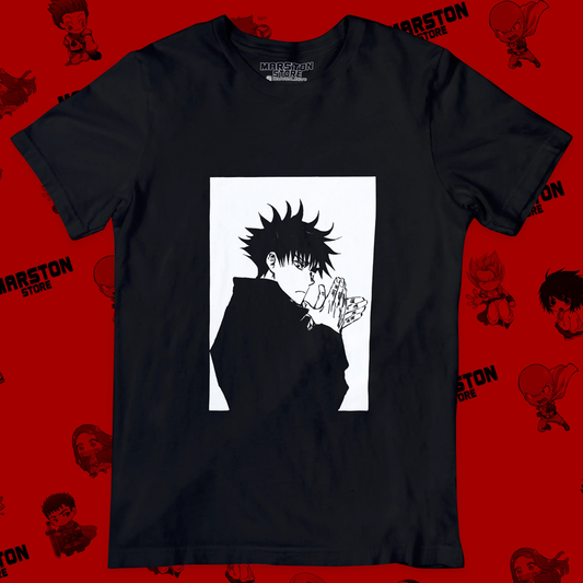 Polera negra Jujutsu Kaisen con diseño de Megumi Fushiguro
