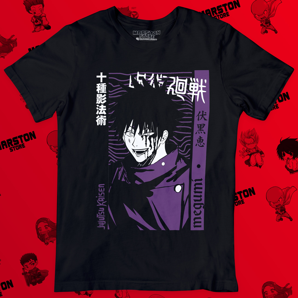 Polera negra Jujutsu Kaisen con diseño de Megumi Fushiguro
