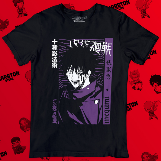 Polera negra Jujutsu Kaisen con diseño de Megumi Fushiguro