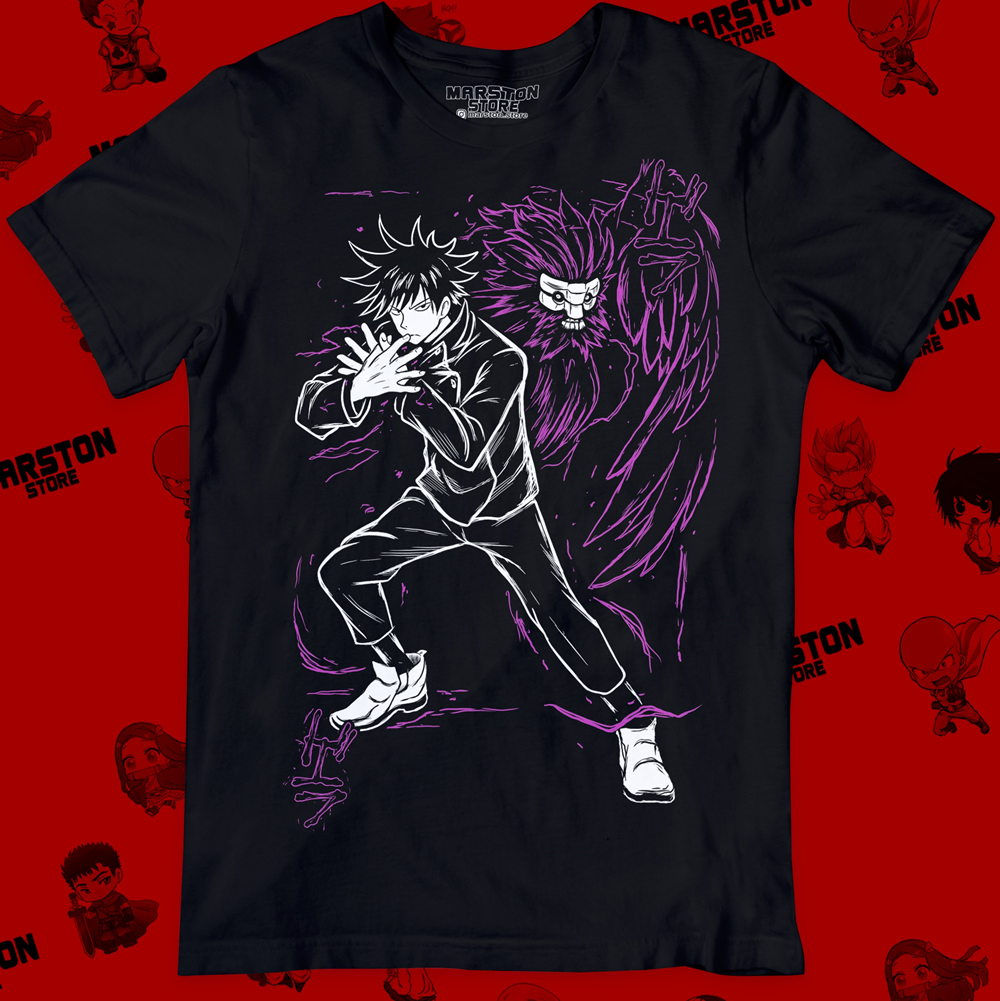 Polera negra Jujutsu Kaisen con diseño de Megumi Fushiguro
