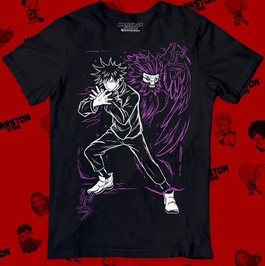 Polera negra Jujutsu Kaisen con diseño de Megumi Fushiguro
