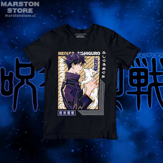 Polera negra Jujutsu Kaisen con diseño de Megumi Fushiguro