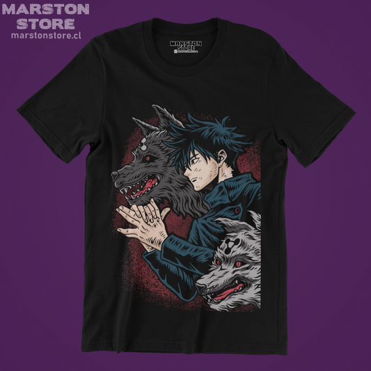 Polera negra Jujutsu Kaisen con diseño de Megumi Fushiguro