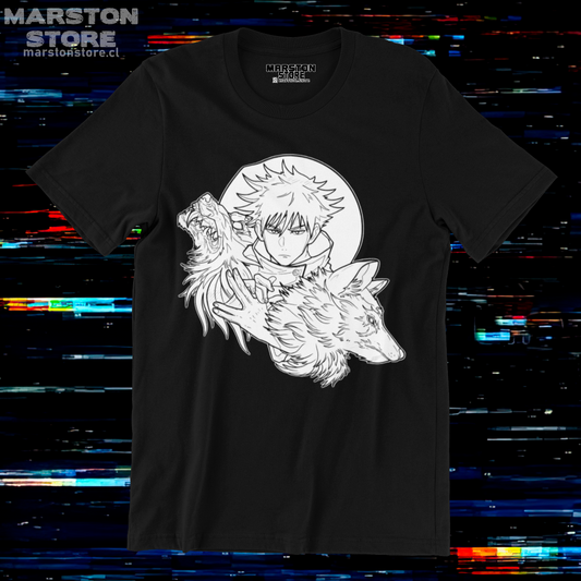 Polera negra Jujutsu Kaisen con diseño de Megumi Fushiguro