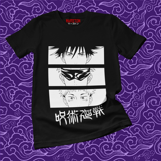 Polera negra Jujutsu Kaisen con Megumi Fushiguro, Satoru Gojo y Yuji Itadori