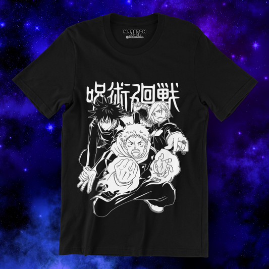 Polera negra Jujutsu Kaisen con Megumi Fushiguro, Yuji Itadori y Nobara Kugisaki