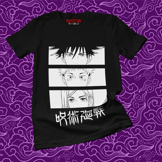 Polera negra Jujutsu Kaisen con Megumi Fushiguro, Yuji Itadori y Nobara Kugisaki