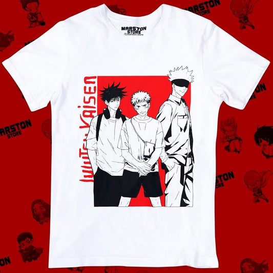 Polera blanca Jujutsu Kaisen con Megumi Fushiguro, Yuji Itadori y Satoru Gojo