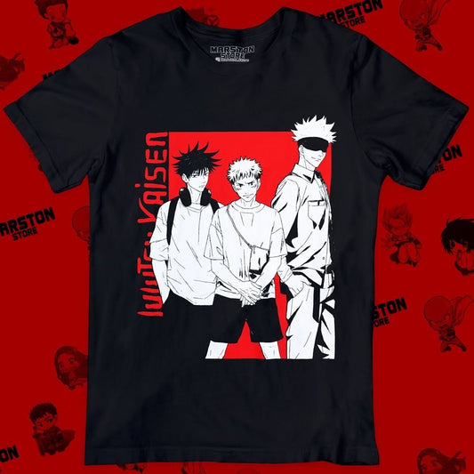 Polera negra Jujutsu Kaisen con Megumi Fushiguro, Yuji Itadori y Satoru Gojo