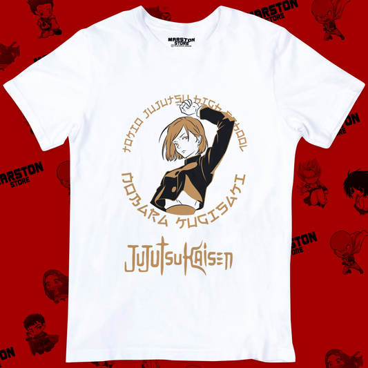 Polera blanca Jujutsu Kaisen con diseño de Nobara Kugisaki