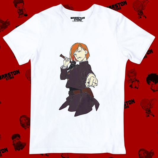 Polera blanca Jujutsu Kaisen con diseño de Nobara Kugisaki