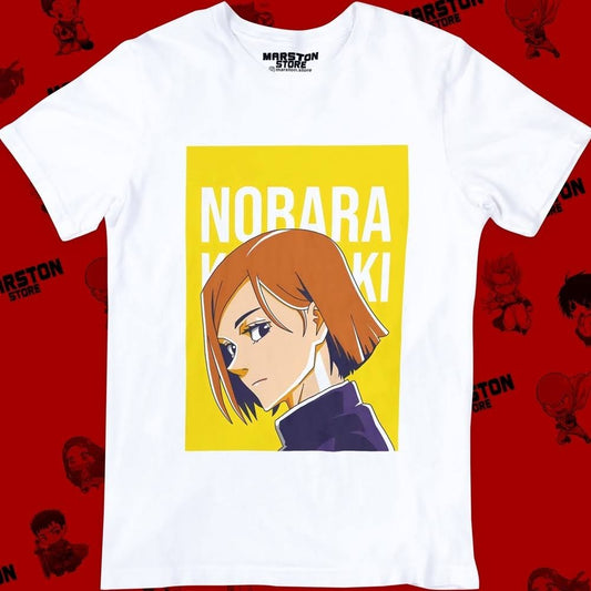 Polera blanca Jujutsu Kaisen con diseño de Nobara Kugisaki