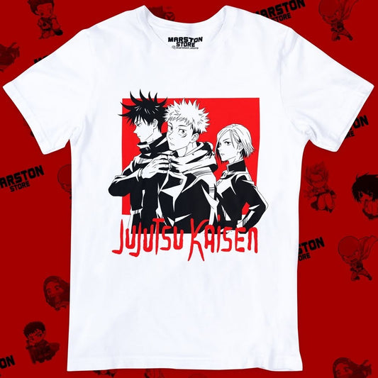 Polera blanca Jujutsu Kaisen con Nobara Kugisaki, Megumi Fushiguro y Yuji Itadori