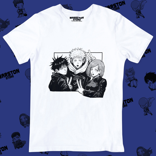 Polera blanca Jujutsu Kaisen con Nobara Kugisaki, Megumi Fushiguro y Yuji Itadori