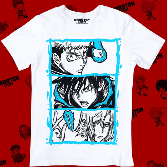 Polera blanca Jujutsu Kaisen con Nobara Kugisaki, Megumi Fushiguro y Yuji Itadori