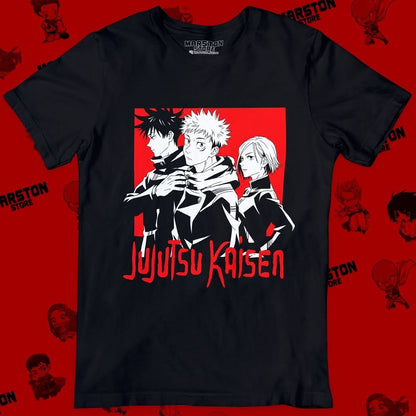 Polera negra Jujutsu Kaisen con Nobara Kugisaki, Megumi Fushiguro y Yuji Itadori