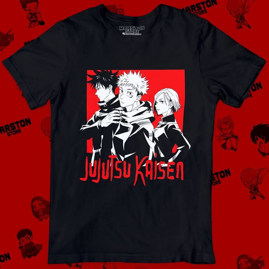 Polera negra Jujutsu Kaisen con Nobara Kugisaki, Megumi Fushiguro y Yuji Itadori