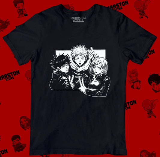 Polera negra Jujutsu Kaisen con Nobara Kugisaki, Megumi Fushiguro y Yuji Itadori