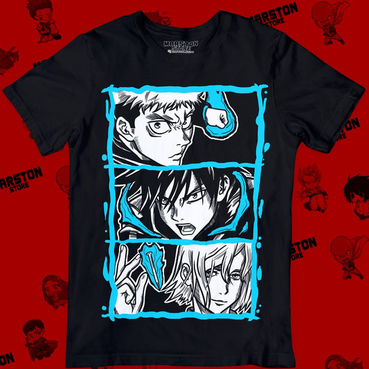 Polera negra Jujutsu Kaisen con Nobara Kugisaki, Megumi Fushiguro y Yuji Itadori