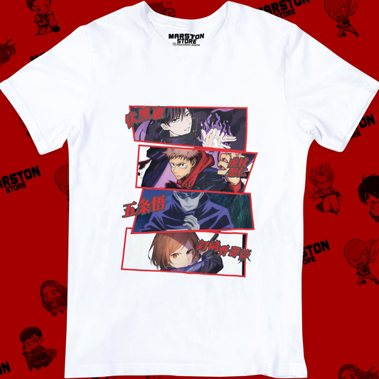 Polera blanca Jujutsu Kaisen con Nobara Kugisaki, Megumi Fushiguro, Yuji Itadori y Satoru Gojo
