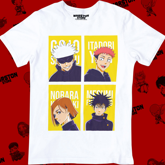 Polera blanca Jujutsu Kaisen con Nobara Kugisaki, Megumi Fushiguro, Yuji Itadori y Satoru Gojo