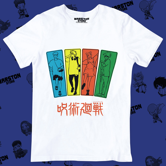 Polera blanca Jujutsu Kaisen con Nobara Kugisaki, Megumi Fushiguro, Yuji Itadori y Satoru Gojo