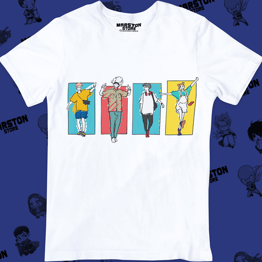 Polera blanca Jujutsu Kaisen con Nobara Kugisaki, Megumi Fushiguro, Yuji Itadori y Satoru Gojo