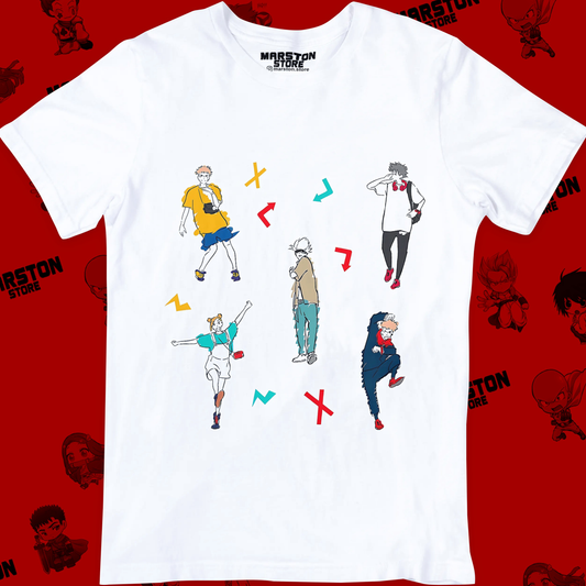 Polera blanca Jujutsu Kaisen con Nobara Kugisaki, Megumi Fushiguro, Yuji Itadori y Satoru Gojo