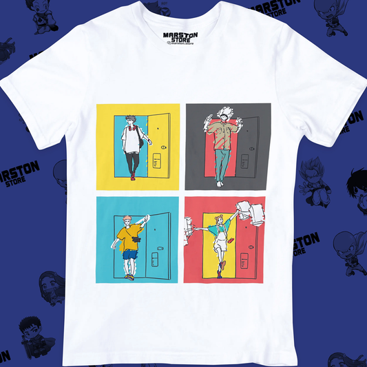 Polera blanca Jujutsu Kaisen con Nobara Kugisaki, Megumi Fushiguro, Yuji Itadori y Satoru Gojo