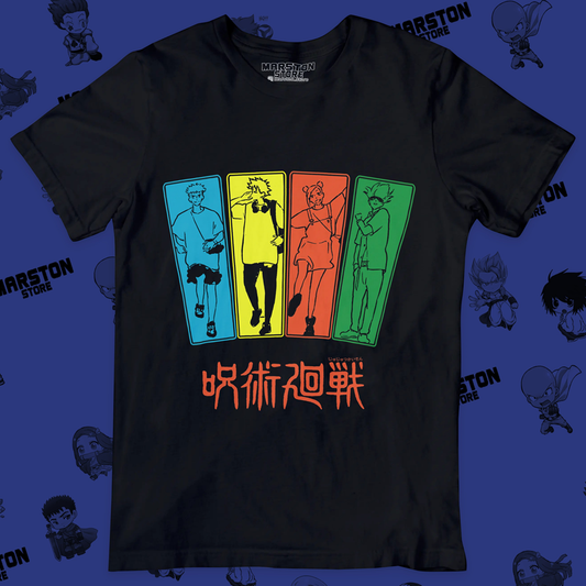 Polera negra Jujutsu Kaisen con Nobara Kugisaki, Megumi Fushiguro, Yuji Itadori y Satoru Gojo