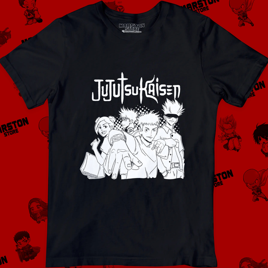 Polera negra Jujutsu Kaisen con Nobara Kugisaki, Megumi Fushiguro, Yuji Itadori y Satoru Gojo