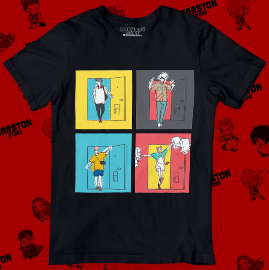 Polera negra Jujutsu Kaisen con Nobara Kugisaki, Megumi Fushiguro, Yuji Itadori y Satoru Gojo