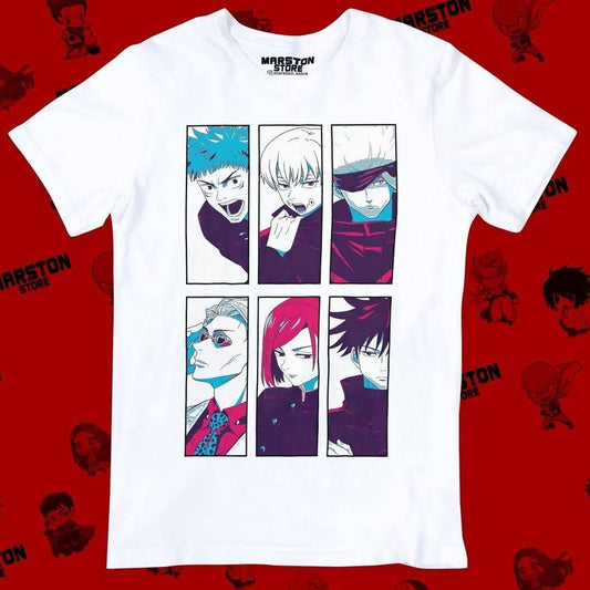 Polera blanca Jujutsu Kaisen con Nobara Kugisaki, Megumi Fushiguro, Yuji Itadori, Satoru Gojo, Toge Inumaki y Kento Nanami