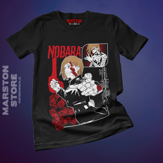 Polera negra Jujutsu Kaisen con diseño de Nobara Kugisaki