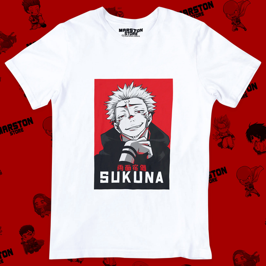 Polera blanca Jujutsu Kaisen con diseño de Ryomen Sukuna