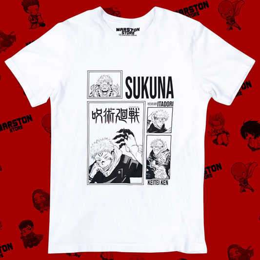 Polera blanca Jujutsu Kaisen con diseño de Ryomen Sukuna