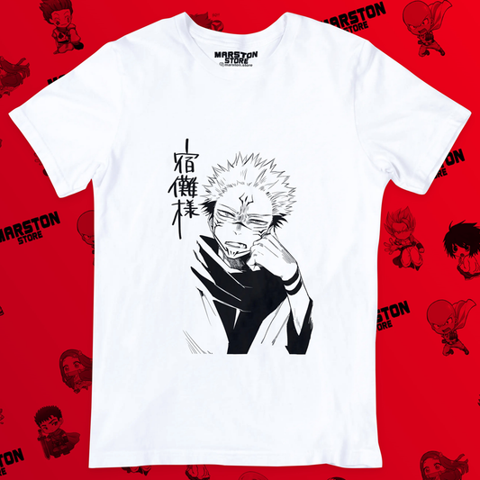 Polera blanca Jujutsu Kaisen con diseño de Ryomen Sukuna
