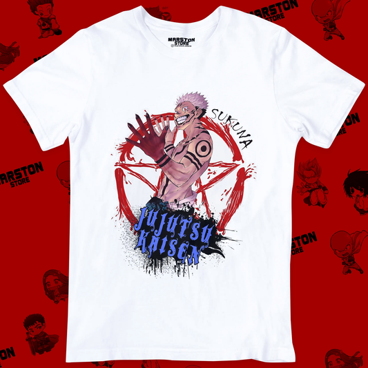 Polera blanca Jujutsu Kaisen con diseño de Ryomen Sukuna