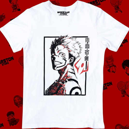 Polera blanca Jujutsu Kaisen con diseño de Ryomen Sukuna
