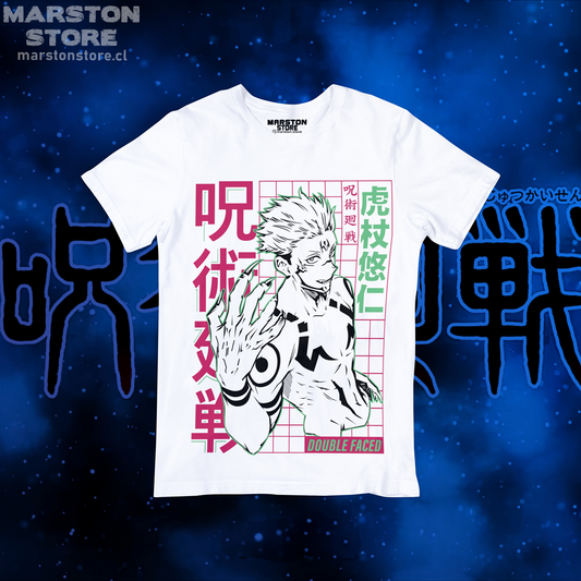 Polera blanca Jujutsu Kaisen con diseño de Ryomen Sukuna