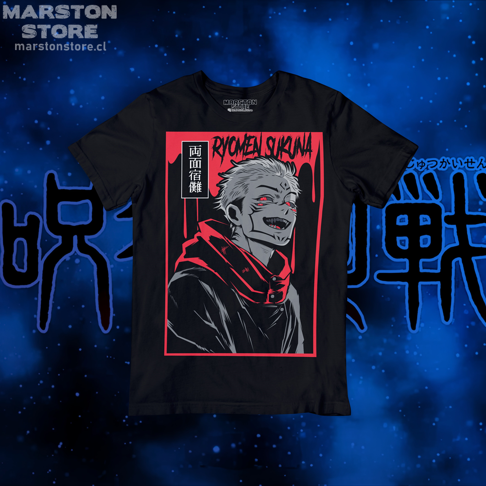 Polera negra Jujutsu Kaisen con diseño de Ryomen Sukuna