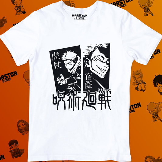 Polera blanca Jujutsu Kaisen con Ryomen Sukuna y Yuji Itadori