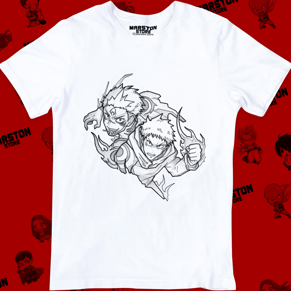 Polera blanca Jujutsu Kaisen con Ryomen Sukuna y Yuji Itadori