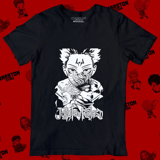 Polera negra Jujutsu Kaisen con Ryomen Sukuna, Yuji Itadori y Satoru Gojo