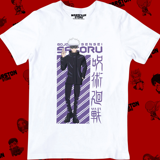 Polera blanca Jujutsu Kaisen con diseño de Satoru Gojo
