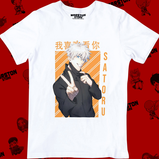 Polera blanca Jujutsu Kaisen con diseño de Satoru Gojo